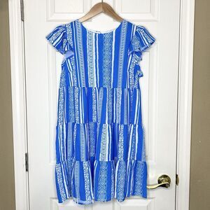 Flying Tomato Womens Medium Blue White Striped Mini Ruffle Dress Flutter Sleeve